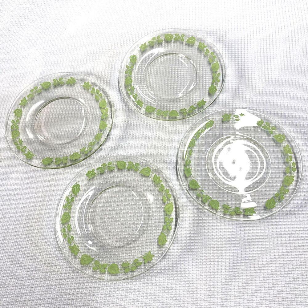 4 Vintage Pyrex Clear Glass 6.25" Dessert Plates - Gooseberry Lime Green Leaves